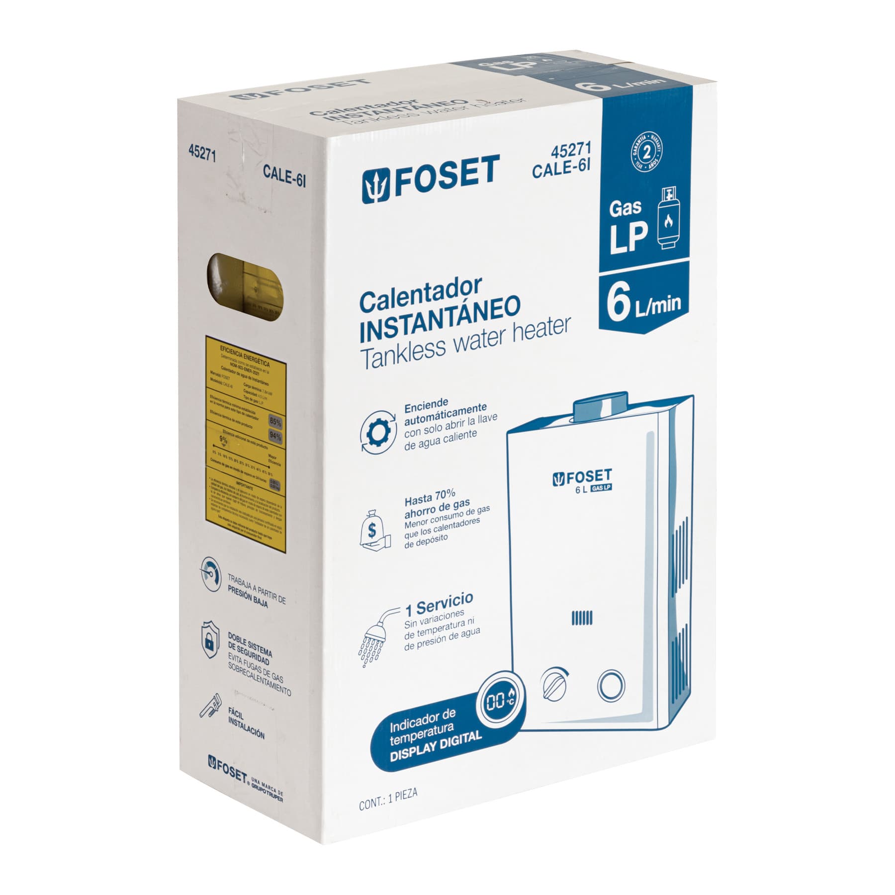 Boiler instantáneo, 6L, 1 servicio, gas LP, FOSET