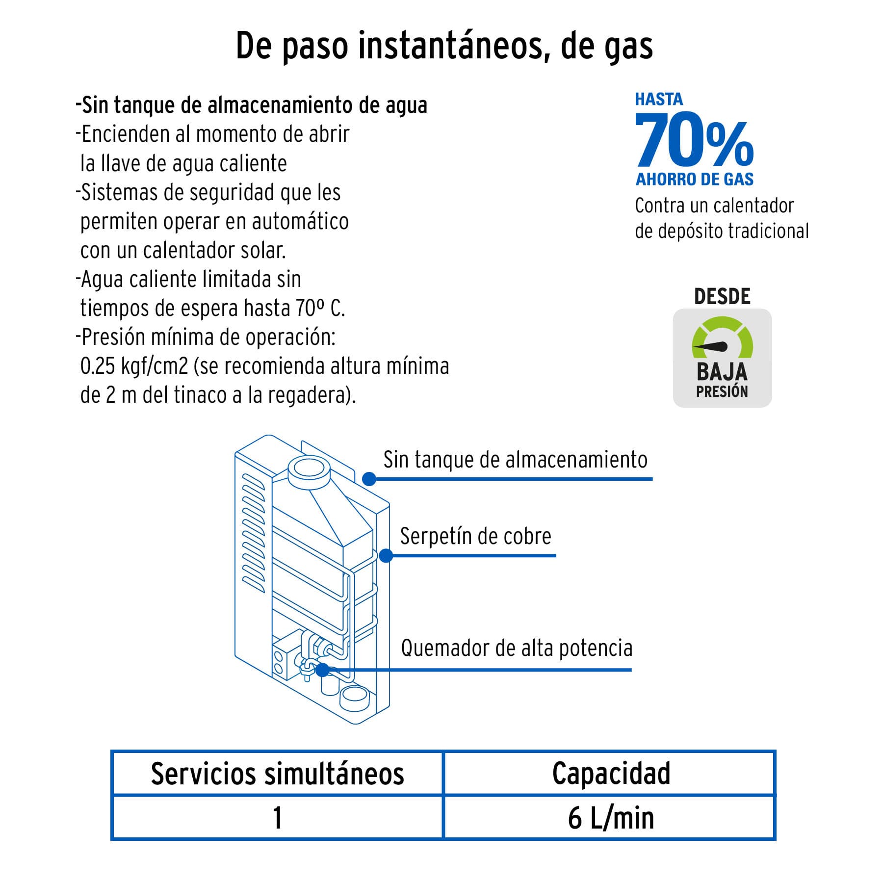 Boiler instantáneo, 6L, 1 servicio, gas LP, FOSET